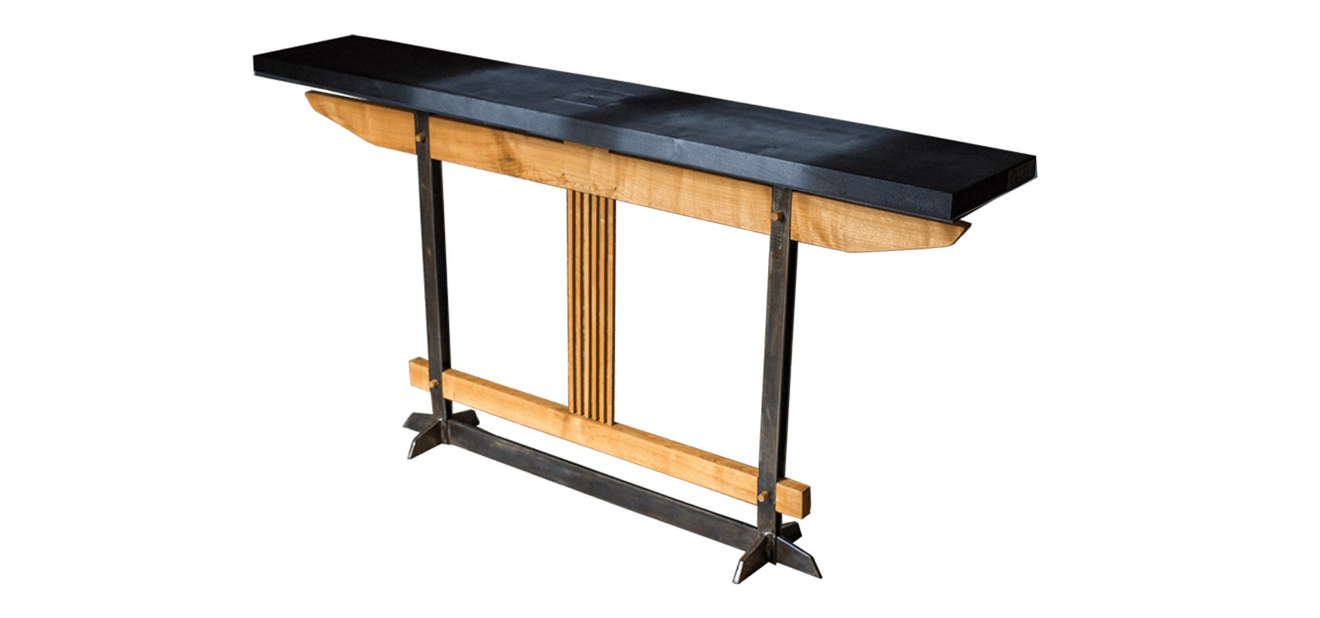 Console artisanale Shintô en merisier et acier, plateau en bois brulé Shou Sugi Ban, par l'Atelier Villard.