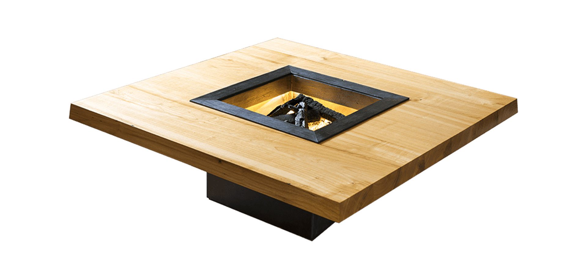 Table basse Irori 囲炉裏 en merisier, bois brûlé et acier, avec foyer central éclairé fictif, par l'Atelier Villard, ébéniste artisan d'art.