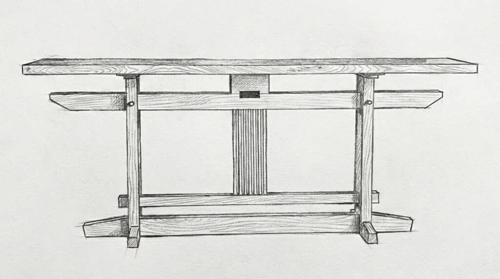 Console artisanale Shintô 神道 en frêne, par l'Atelier Villard.